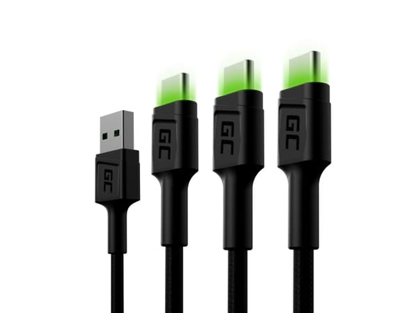 Green Cell GC Ray - USB-kabel - 24 pin USB-C (hane) grön LED-belysning till USB (hane) - USB 2.0 - 2.4 A - 2 m - svart (paket om 3)