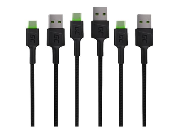 Green Cell GC Ray - USB-kabel - 24 pin USB-C (hane) grön LED-belysning till USB (hane) - USB 2.0 - 2.4 A - 2 m - svart (paket om 3)