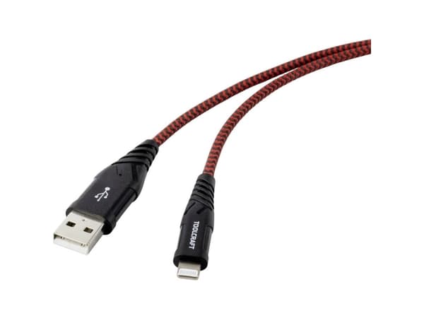 TOOLCRAFT USB-kabel USB 2.0 USB-A-hanstik, Apple Lightning-stik 1.00 m Sort-rød Særdeles robust polstring TO-6899490