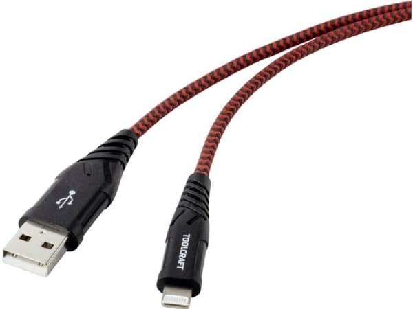 TOOLCRAFT USB-kabel USB 2.0 USB-A-hanstik, Apple Lightning-stik 1.00 m Sort-rød Særdeles robust polstring TO-6899490