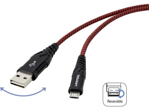 TOOLCRAFT USB-kabel USB 2.0 USB-A-hanstik, USB-micro-B-hanstik 1.00 m Sort/rød Særdeles robust polstring, Dobbeltsidet stik TO-6872820