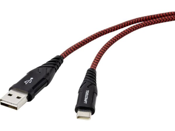 TOOLCRAFT USB-kabel USB 2.0 USB-A-hanstik, USB-C™ stik 2.00 m Sort/rød Særdeles robust polstring, Dobbeltsidet stik TO-6872829
