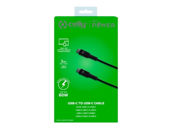 Celly ProPower - USB-kabel - 24 pin USB-C (hane) till 24 pin USB-C (hane) - 3 m - svart
