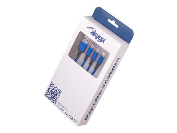 Akyga AK-USB-27 - Lightning-kabel, endast laddning - USB typ A hane till mikro-USB typ B, Lightning, 24 pin USB-C hane - 1.2 m - blå