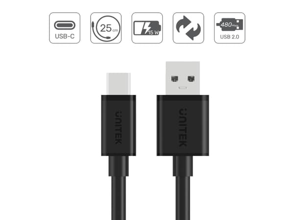 UNITEK USB-KABEL USB-A - USB-C 25CM, Y-C480BK