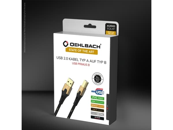 OEHLBACH USB Primus B, 7,5 m, USB A, USB B, USB 2.0, 0,48 Gbit/s, Svart, Guld