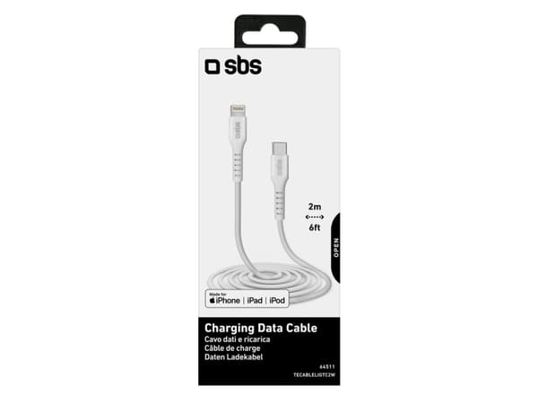 SBS TECABLELIGTC2W, 2 m, Lightning, USB C, Hankjønn, Hankjønn, Hvit
