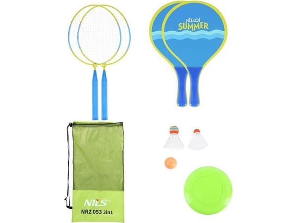 NILS NRZ053 3IN1/BADMINTONSETT 2 RAKETTER + 2 STRANDRAKETTER + SHUTTERS + FRIZBI JUNIOR NILS