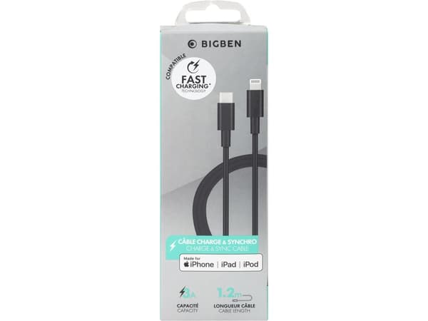 Bigben Connected CABMFIC1M2B, 1,2 m, Lightning, USB C, Uros, Uros, Musta