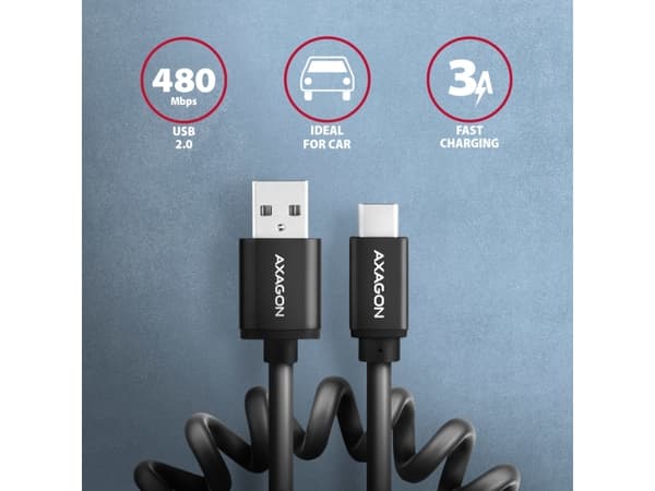 Axagon BUCM-AM10TB, 0,6 m, USB C, USB A, USB 2.0, 0,48 Gbit/s, Svart