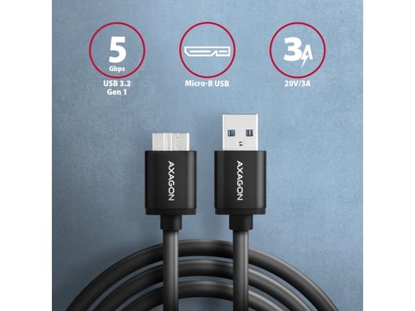 Axagon BUMM3-AM10AB, 1 m, Micro-USB B, USB A, USB 3.2 Gen 1 (3.1 Gen 1), 5000 Mbit/s, Sort
