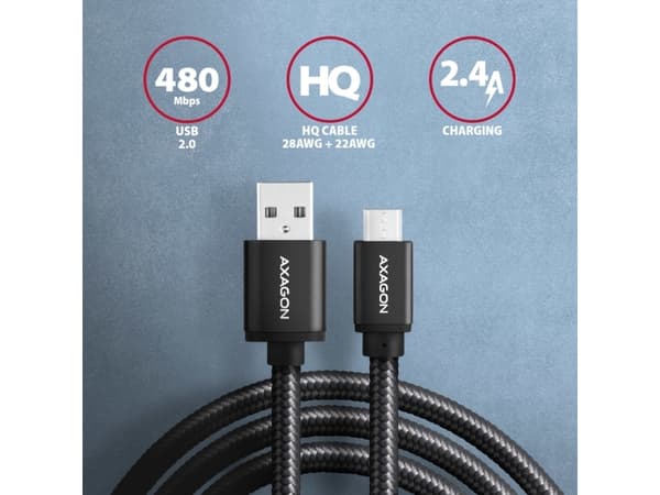 Axagon BUMM-AM20AB, 2 m, Micro-USB B, USB A, USB 2.0, 0,48 Gbit/s, Svart