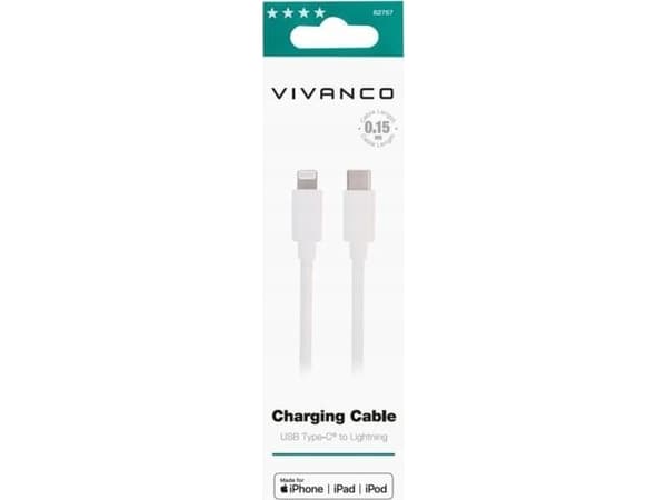 Vivanco LIGHTNVVUSBC015W, 0,15 m, Lightning, USB C, Uros, Uros, Valkoinen