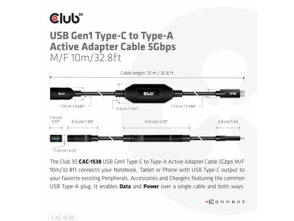 Club 3D - USB-kabel - 24 pin USB-C (hane) till USB typ A (hona) - USB 3.1 Gen 1 - 0.9 A - 10 m - aktiv
