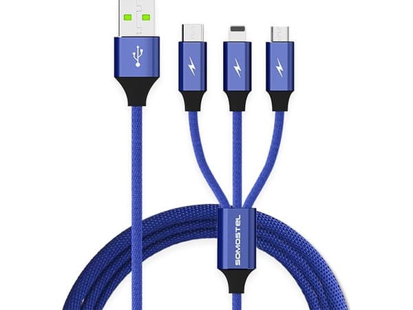 Kabel USB Somostel USB-A - USB-C + microUSB + Lightning 1.2 m Niebieski (25718)