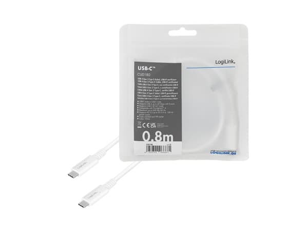 USB 4 Gen 3 Typ-C-kabel, C/M till USB-C/M, PD, AV, vit, 0,8 m