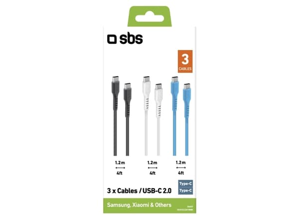 SBS TEKITCC3X1WBK, 1,2 m, USB C, USB C, USB 2.0, Svart, Blå, Vit
