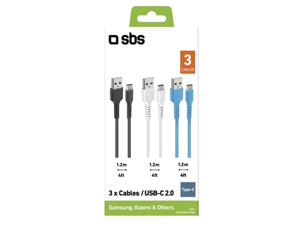 SBS TEKITUSBC3X1WBK, 1,2 m, USB C, USB A, USB 2.0, Svart, Blå, Vit