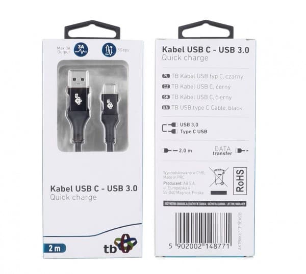 USB 3.0 - USB C 2m PREMIUM 3A musta TPE-kaapeli (musta)