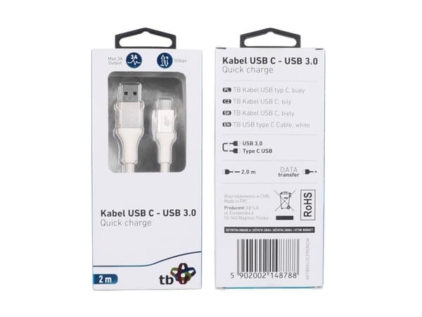 !TB-kaapeli USB 3.0-USB C 2m PREMIUM 3A valkoinen