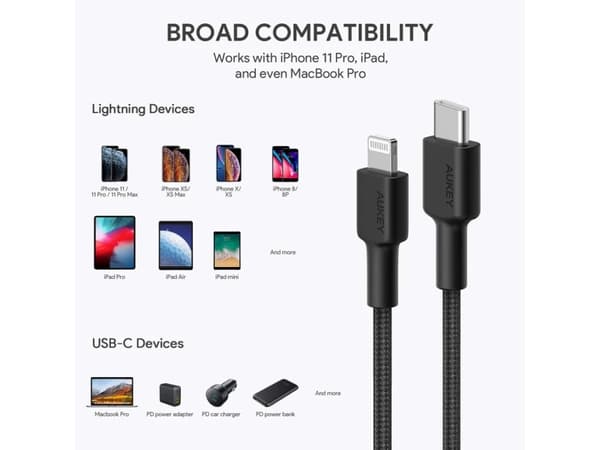 Aukey CB-CL03 nylon Lightning-USB C | USB Power Delivery USB-PD | 2m | Apple MFi sertifikaatti | musta