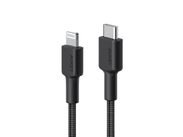 Aukey CB-CL03 nylon Lightning-USB C | USB Power Delivery USB-PD | 2m | Apple MFi sertifikaatti | musta