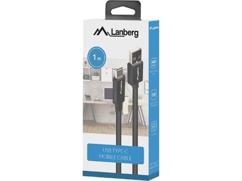 KAAPELI USB-C(M)-&gt;USB-A(M) 2.0 1M MUSTA LAATIKKO QC 3.0 LANBERG