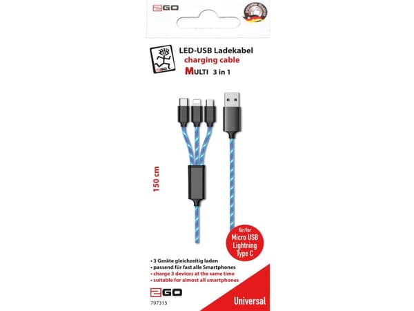 2GO 797315, 1,5 m, USB B, USB C/Micro-USB B/Lightning, Svart, Blå
