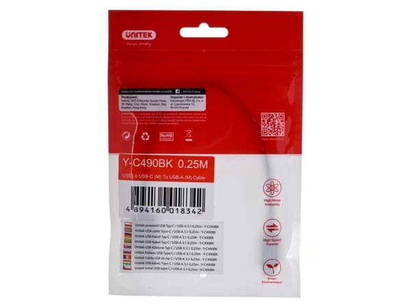 UNITEK KABEL USB-C - USB-A 3.1,M/M,0,25M, Y-C490BK
