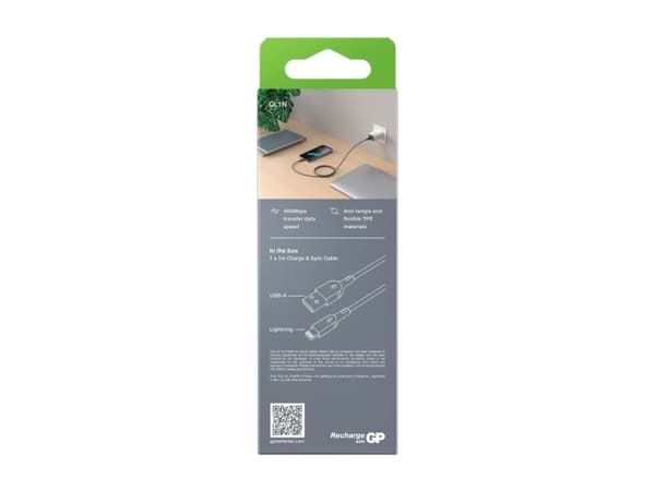 GP Batteries CL1N, 1 m, Lightning, USB A, Hankjønn, Hankjønn, Grå