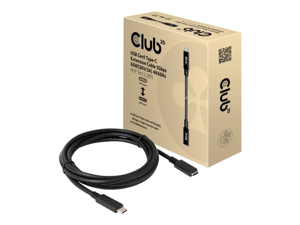 Club 3D CAC-1531 - USB-forlengelseskabel - 24 pin USB-C (hann) til 24 pin USB-C (hunn) - 20 V - 3 A - 1 m - toretnings, 4K 60Hz støtte