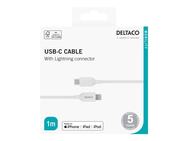 DELTACO - Lightning-kabel - 24 pin USB-C hann til Lightning hann - 1 m - hvit
