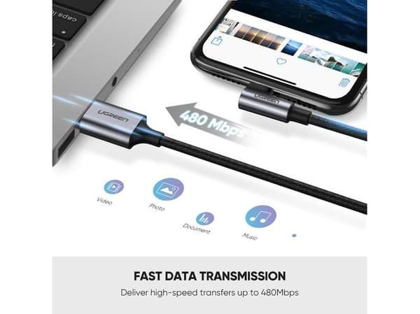 Ugreen 60521, Lightning, USB C, Uros, Uros, Musta, Harmaa, Kulmikas