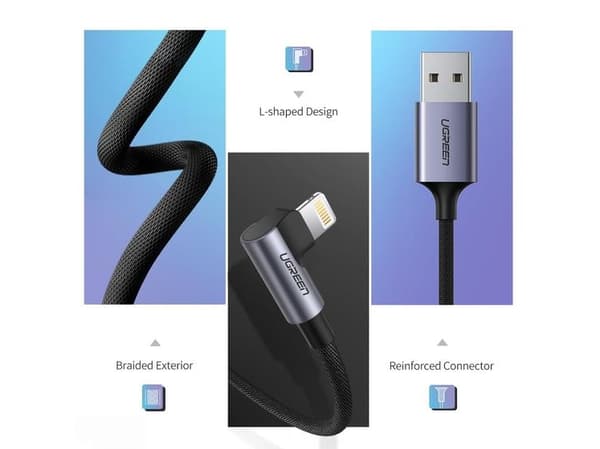 Ugreen 60521, Lightning, USB C, Uros, Uros, Musta, Harmaa, Kulmikas
