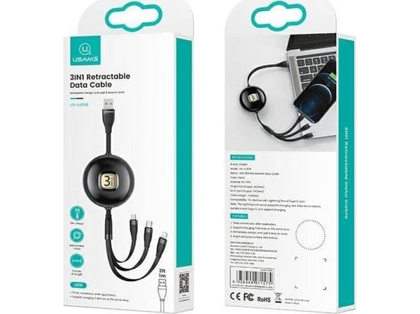 USAMS kaapeli U69 3in1 1m musta (salama/microUSB/USB-C) SJ508USB01 (US-SJ508)