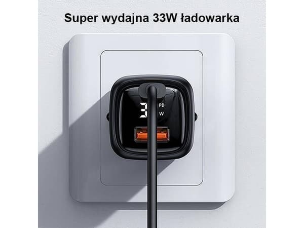 USAMS Nettverkslader 1xUSB-C+1xUSB T46 33W PD3.0 +QC3.0 Hurtiglading +kabel U63 USB-C/Lynsort farge UDTZ01