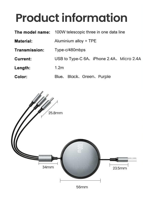 3-in-1 sisäänvedettävä kaapeli - Lightning, USB-C, MicroUSB