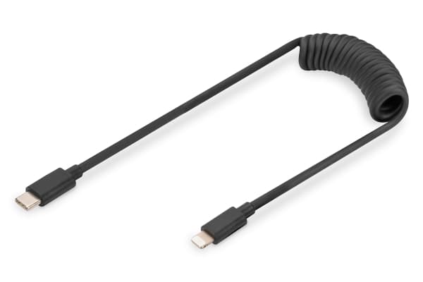 DIGITUS - Lightning-kabel - 24 pin USB-C hann til Lightning hann - 1 m - svart - spiral, Power Delivery-støtte, up to 480 Mbps