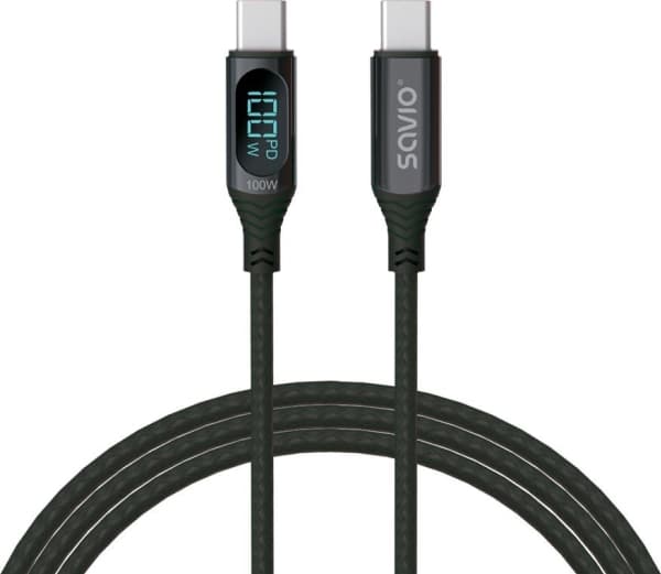 Savio USB-C - USB-C cable with display CL-174 1 m black, 1 m, USB C, USB C, USB 3.2 Gen 1 (3.1 Gen 1), Svart