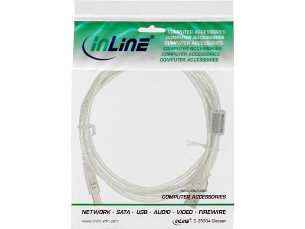 InLine 34535, 3 m, USB A, USB B, Hankjønn/hankjønn, 0,48 Gbit/s, Gjennomsiktig