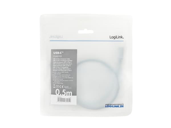 LogiLink CUA0105, 0,5 m, USB C, USB C, USB 3.2 Gen 2 (3.1 Gen 2), 10 Gbit/s, Svart, Grå