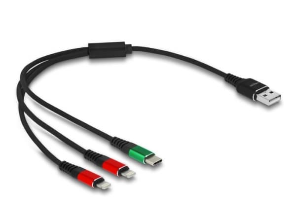 Delock 3 in 1 - Kun lade-kabel - USB hann til 24 pin USB-C, 2 x Apple Lightning hann - 30 cm - svart