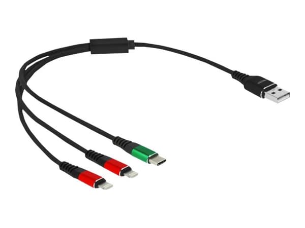 Delock 3 in 1 - Kun lade-kabel - USB hann til 24 pin USB-C, 2 x Apple Lightning hann - 30 cm - svart