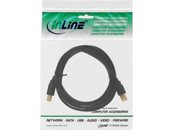 InLine 34520X, 2 m, USB A, USB B, USB 2.0, Hankjønn/hankjønn, Sort