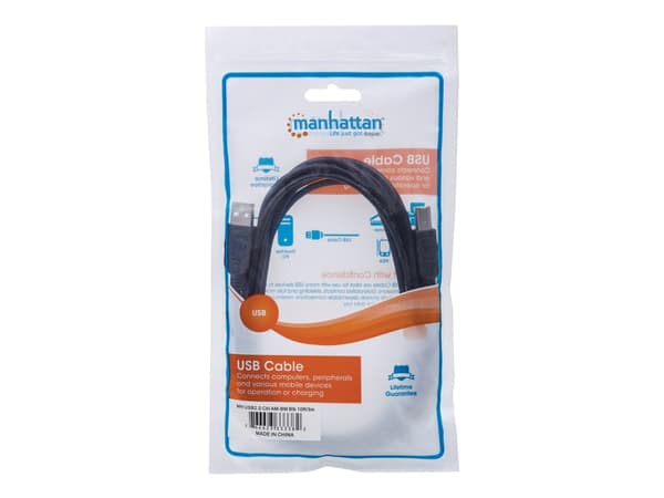 Manhattan USB-A to USB-B Cable, 5m, Male to Male, 480 Mbps (USB 2.0), Hi-Speed USB, Black, Lifetime Warranty, Polybag - USB-kabel - USB (hann) til US