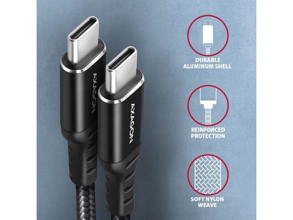 AXAGON BUCM-CM10AB USB-C zu USB-C 2.0 kaapeli, 1m, PD 60W, 3A, geflochten - musta