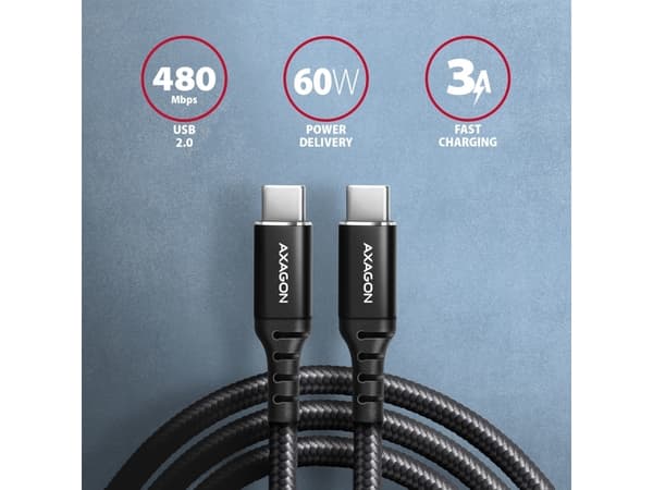 AXAGON BUCM-CM10AB USB-C zu USB-C 2.0 kaapeli, 1m, PD 60W, 3A, geflochten - musta