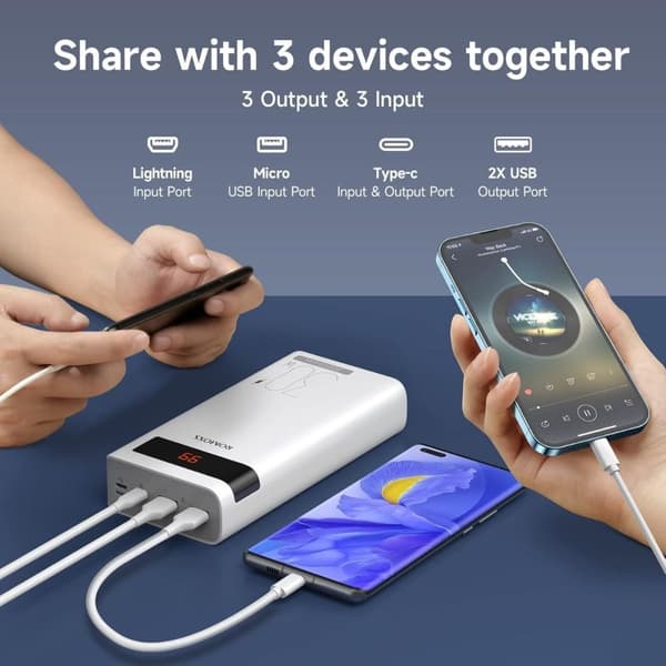Powerbank 30000 mAh, lightning, USB-C, 2 x USB-A, Micro-Usb, quickcharge 3A