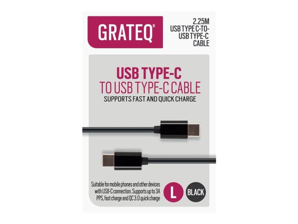 GRATEQ - USB-kabel - 24 pin USB-C (han) til 24 pin USB-C (han) - 3 A - 2,25 m - sort