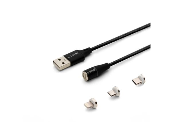 SAVIO CL-152 - Lade-/datakabelsett - USB hann til 24 pin USB-C, Micro-USB type B, Lightning hann avtakbar og magnetisk - 1 m - svart